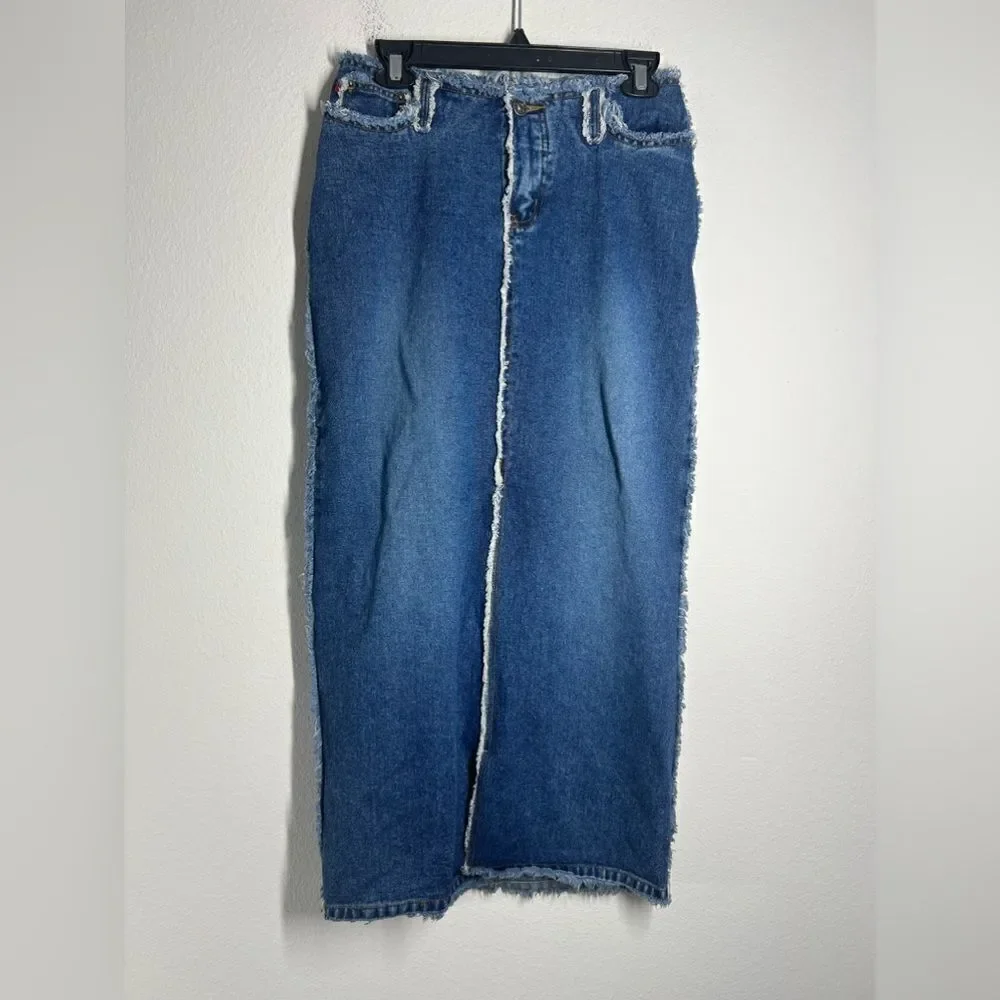 Zana Di Denim Maxi Jean Skirt Sz 1 Y2K 90s/00s VTG Fringe Retro Straight Slit